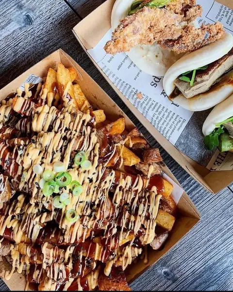 Soft shell crab baos and Peking duck chips with chilli mayonnaise
